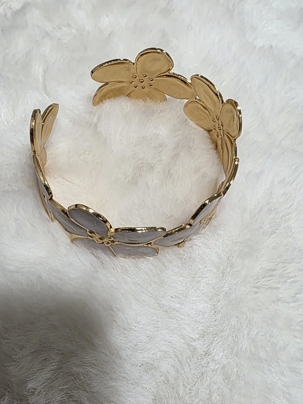 Stainless Steel Gold Floral Cuff Bracelet with Light Gray Enamel Petals